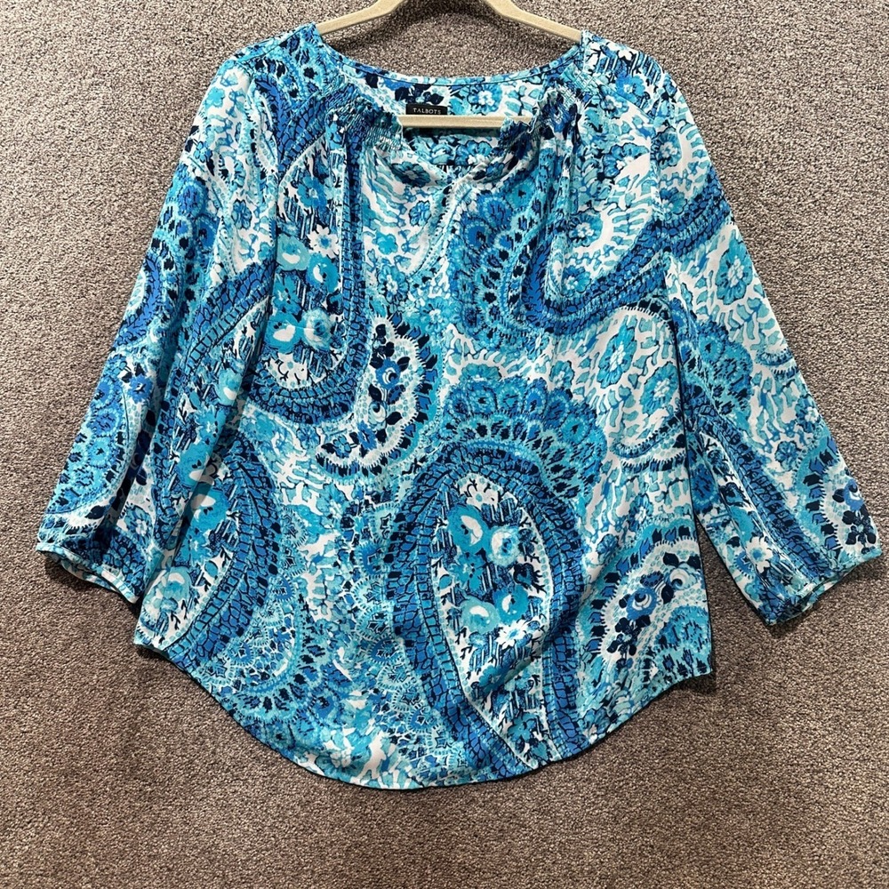 Talbots Blouse Top Women Medium Blue Paisley V‎ Neck 3/4 Sleeve